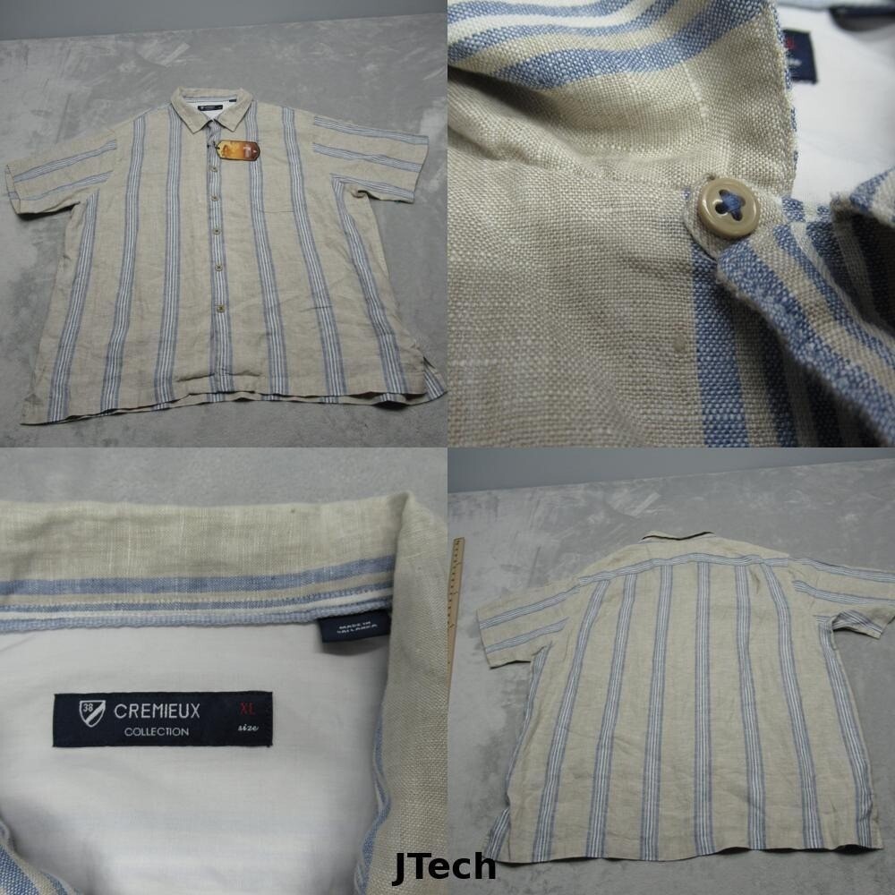 Cremieux Serengeti Linen Shirt Men XL Cream Blue Stripe Loop Collar ButtonUp NEW